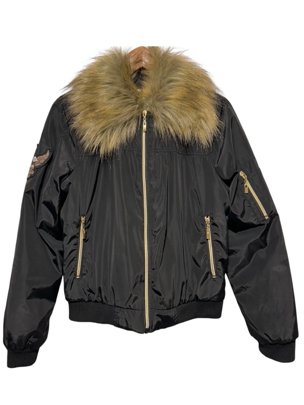 Y2K Faux Fur Collar Bomber Jacket McBling Moto Biker Black Gold M